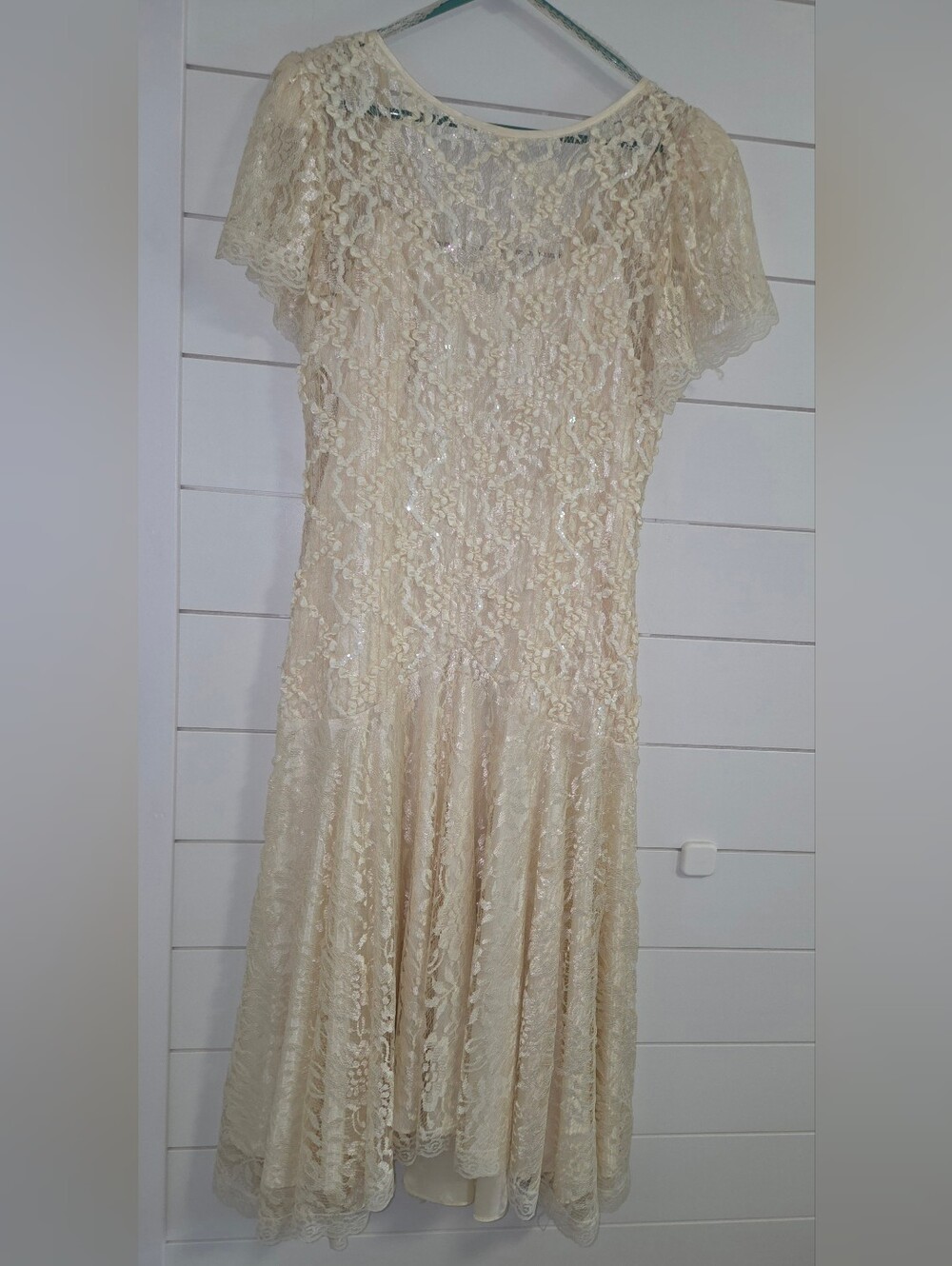Elegant Cream Lace Fit & Flare Tea Length Dress H.W. Collections